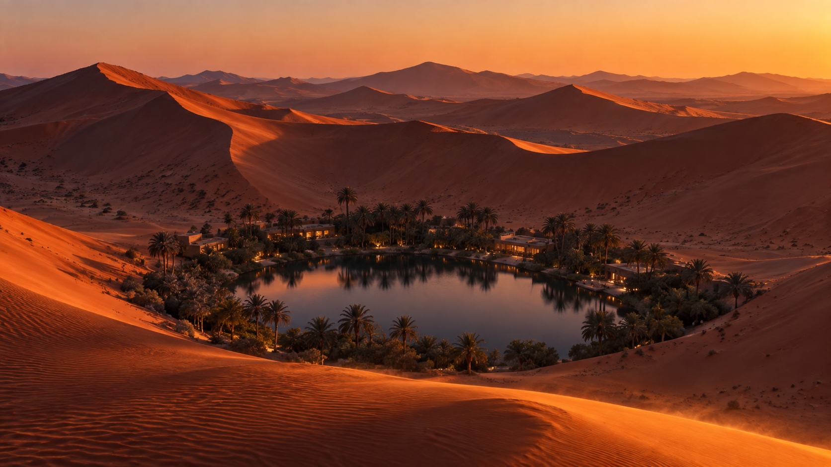 Aerial view at dusk of an oasis lagoon ringed by palms inside a bowl of dunes